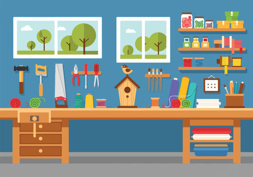 A cluttered workshop with tools and supplies on a workbench