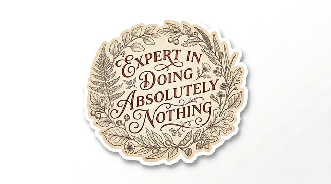 Expert in Doing Absolutely Nothing: A whimsical sticker with a botanical wreath framing the humorous phrase Expert in Doing Absolutely Nothing encourages lighthearted self-deprecation and relaxation.
