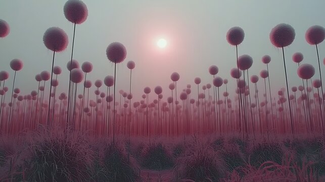 Surreal Red Orb Field under Misty Sunrise  Abstract Conceptual Landscape.