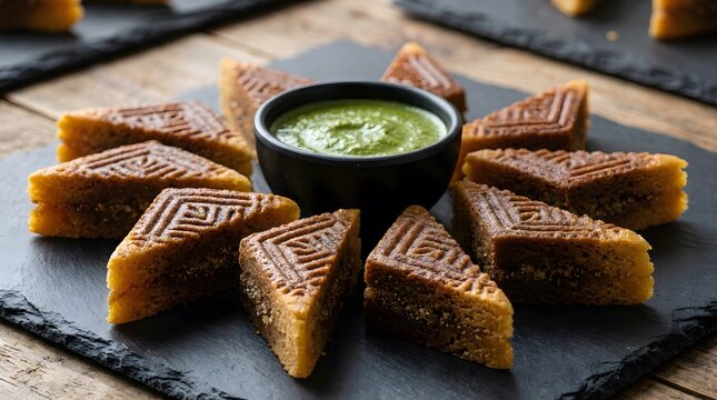 Indian sweet barfi squares with intricate carvings arranged around bowl of green pistachio paste.