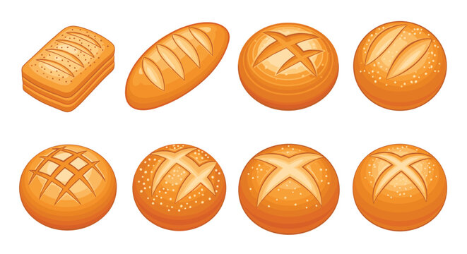 Assortment of fresh artisanal bread loaves with different crust patterns including round boules and oval batards.