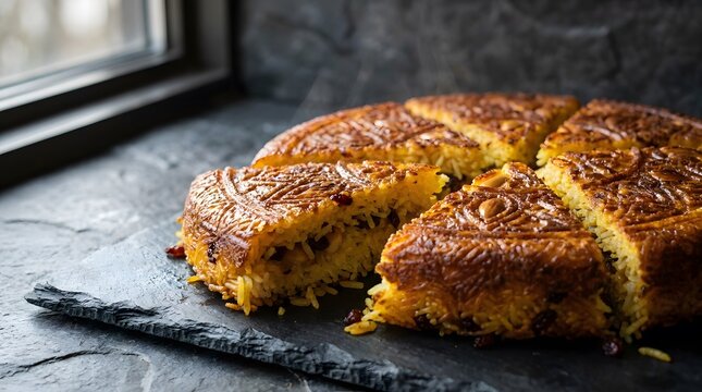 Crispy tahdig rice with saffron and almonds, a delicious Persian delicacy served on slate.