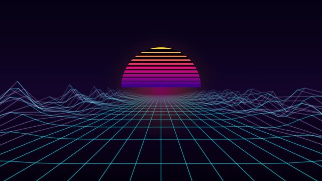 Retro Synthwave 3D Wireframe Grid Perspective Horizon Background