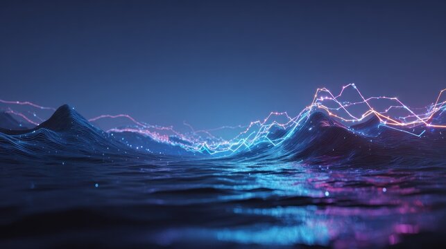 Glowing energy lines visualize data fluctuations above dark undulating water