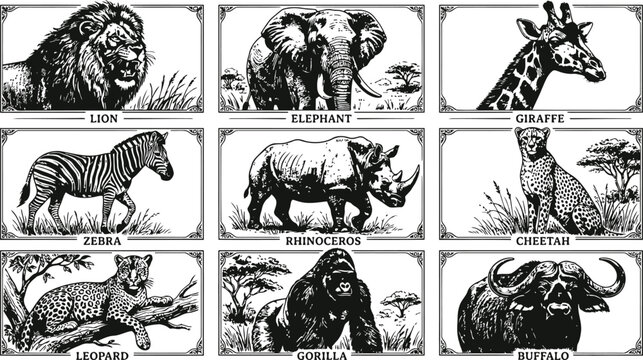 Vintage safari animals in framed illustrations with decorative borders on white background for educational and design purposes