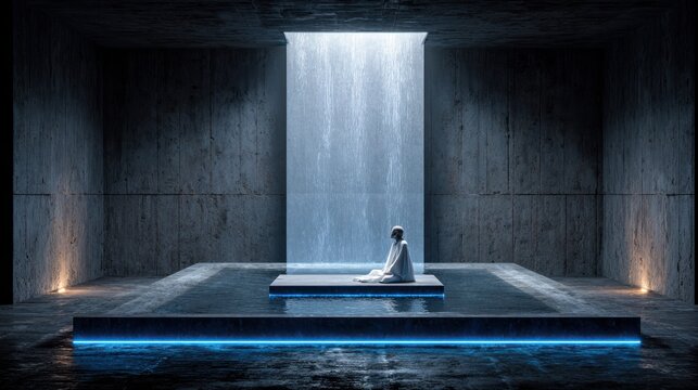 Solitary figure meditates before a tall sheet of falling water within a dark, minimalist concrete enclosure.