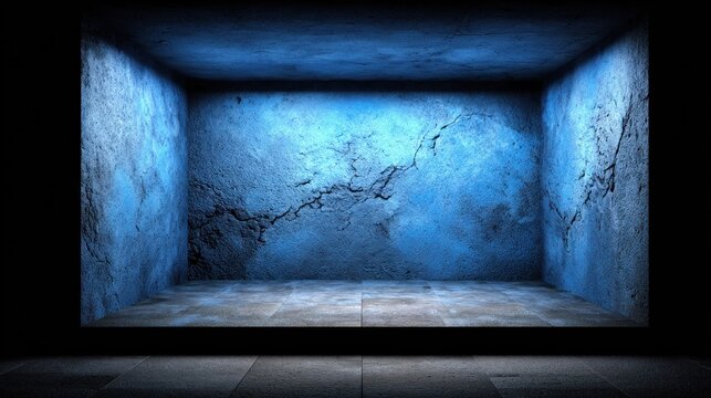 Concrete enclosed space illuminates dramatically with cool blue uplighting