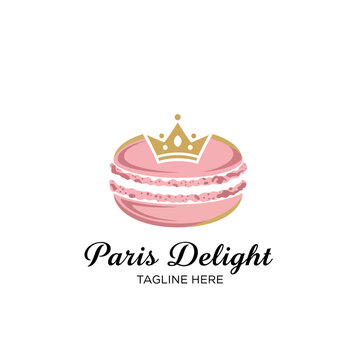 Elegant bakery or confectionery brand identity featuring a delicious French macaron treat with a royal crown.