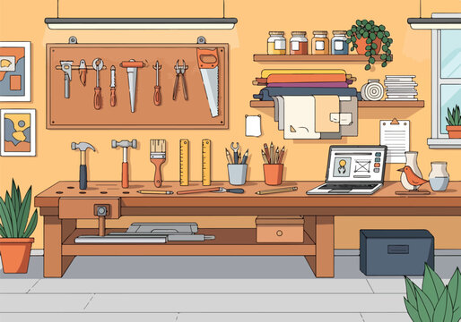 A cluttered workshop with various tools and office supplies