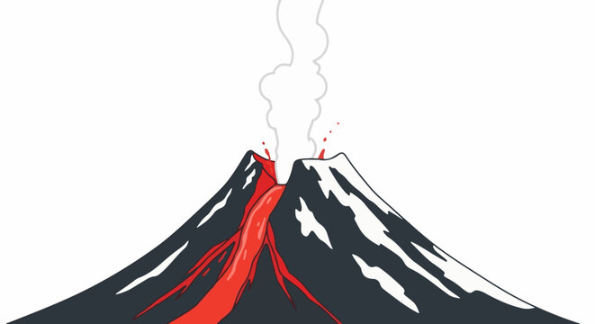 Stylized erupting volcano with red lava flow and white smoke