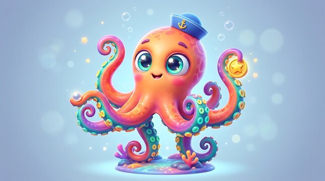 Cute cartoon octopus wearing sailor hat with cheerful expression