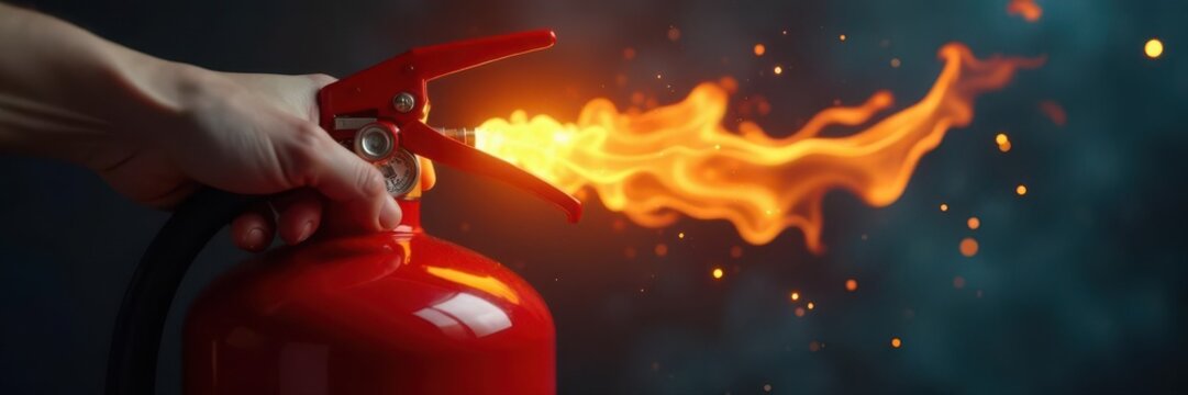 Hand activates fire extinguisher against fire damage backdrop , occurrence, damage, fire fighting