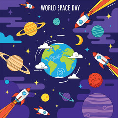 Colorful illustration of planets, rockets, and Earth for World Space Day © Darna