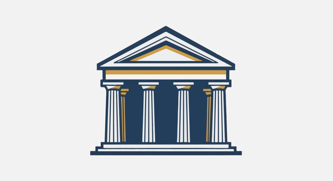 Stylized graphic of a classical building with columns and a triangular roof