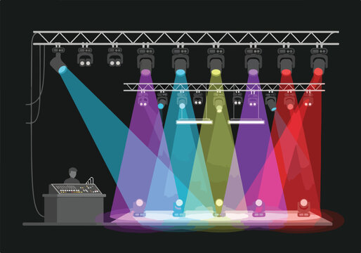 A colorful stage lighting setup with multiple spotlights