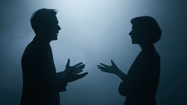 Silhouetted people arguing in tense confrontation in dark room