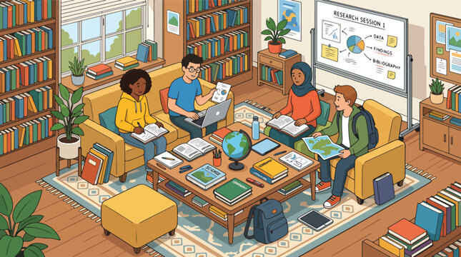 Diverse students studying together indoors.