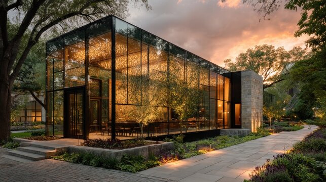 modern glass house at sunset with warm lights