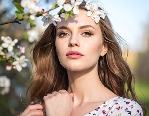 Naklejka premium A woman with long brown hair and flowers on her head