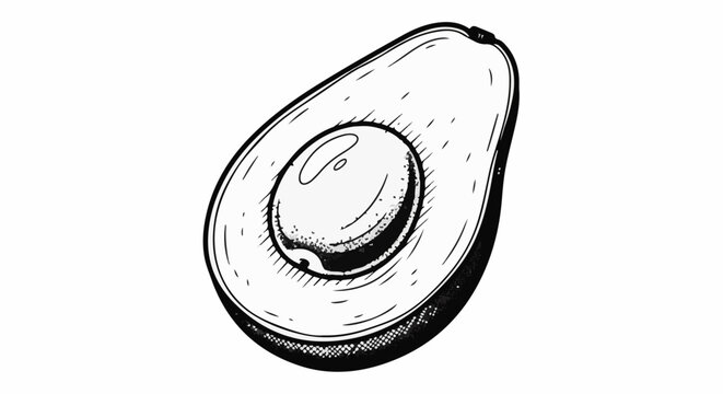 Stylized line drawing of a halved avocado showing pit and flesh