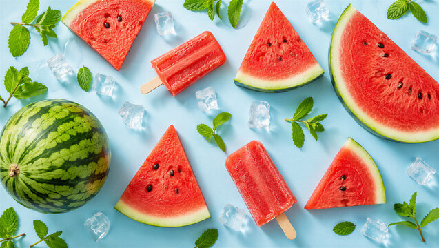 Flat lay of fresh watermelon slices and frozen popsicles on a light blue background. Summer refreshment concept with ice cubes and mint leaves from top view