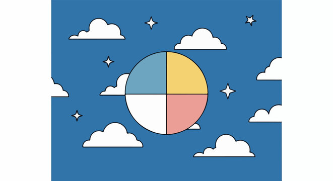 Stylized moon divided into quadrants against a cloudy night sky