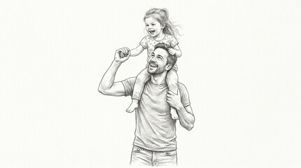 Fototapeta premium Pencil sketch drawing of a joyful father walking along a path while holding hands with his young daughter who is sitting high on his shoulders, white background.