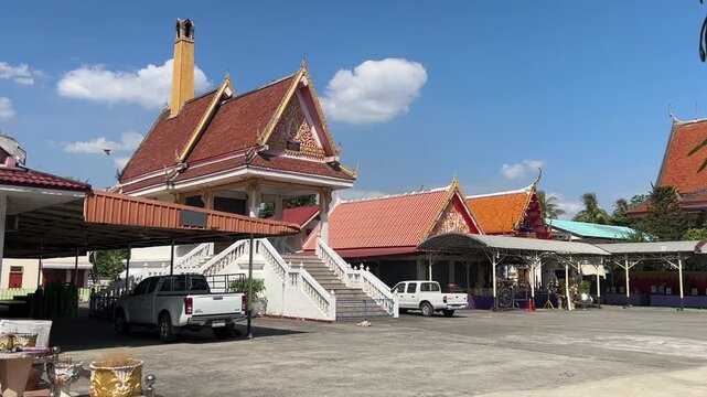 Traditional Thai Buddhist Temple Crematorium Building, Ornate Wat Architecture with Red Tiled Roof in Thailand, Southeast Asian Religious Site