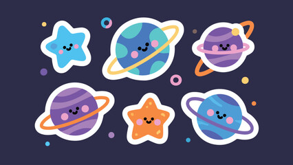 Illustration Of Cute Space Themed Sticker Pack With Planets And Stars Vector Design Template © BedRoses