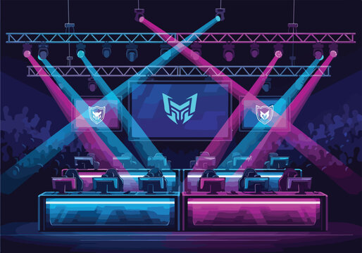 A dark stage with spotlights on gaming stations