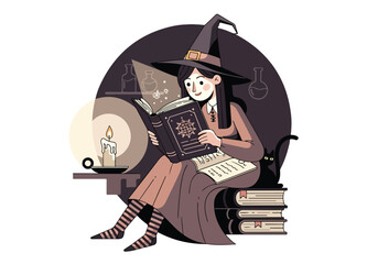 A cartoon witch reads a book with a candle and cat