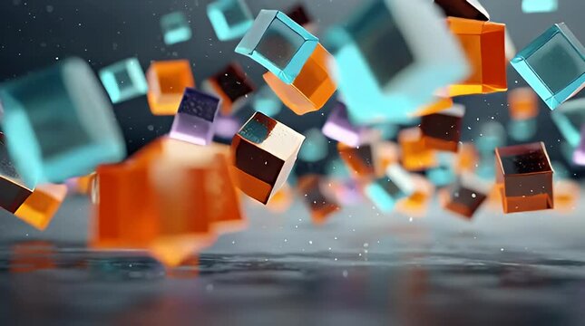 Abstract background of colorful translucent cubes floating in motion
