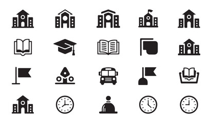 Educational icons building school bus books graduation cap clock and bell isolated. © parul