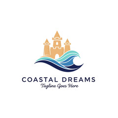 Fototapeta premium Vibrant Coastal Dreams logo with a sandcastle and waves, perfect for beach resorts, holiday rentals, and summer tourism branding.