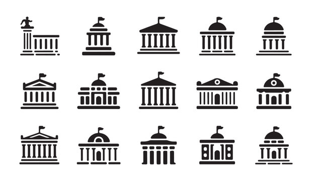 Government and administrative buildings vector icon set in classic glyph style design.