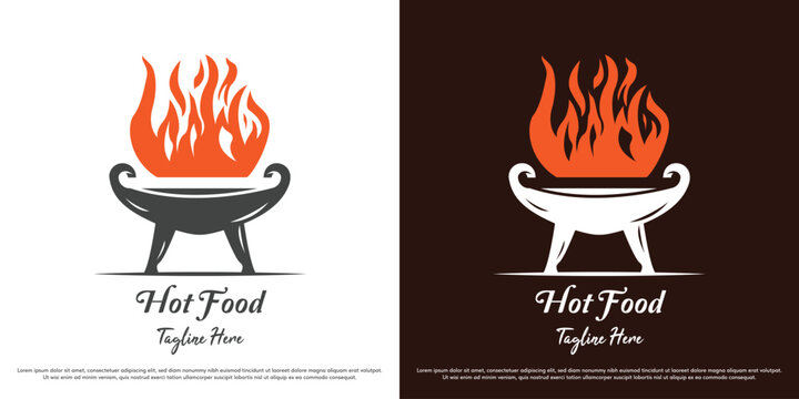 Hot food wok logo design illustration vector. Traditional cooking pan with fire flame silhouette. Rustic kitchen grill icon symbol.