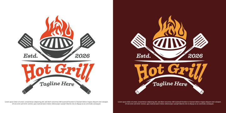 Hot grill barbecue logo design illustration vector. Crossed spatula with grill pan and fire silhouette. Outdoor cooking restaurant icon symbol.