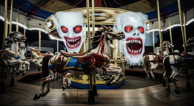 Scary carnival carousel with blood-splattered horse figures and monstrous ghost faces for a horror-themed Halloween, nightmare concept, dark carnival.