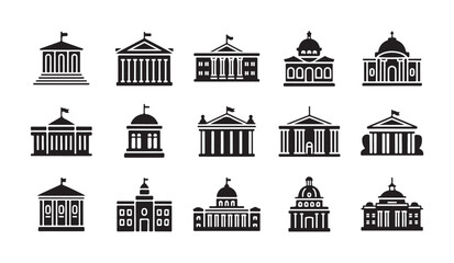 Set of classic government building silhouettes with greek columns and dome architecture. © parul