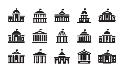 Collection of government building icons with columns and domes, featuring classical architectural elements. © parul
