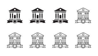 Fototapeta premium Icon set of university academic building with graduation certificate seal and ribbon banner.