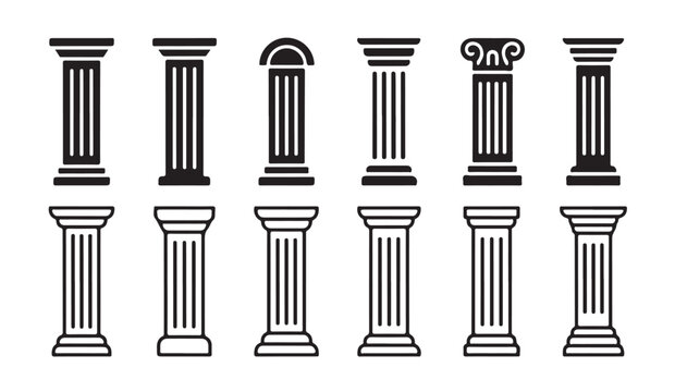 Set of classical architectural columns, pillars, and capitols in various styles.