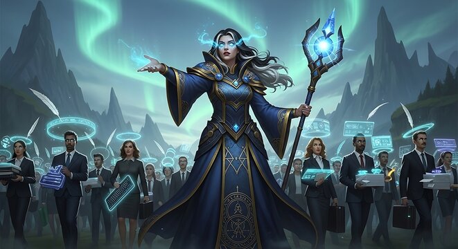 Fantasy warrior with glowing sword leading a battle.