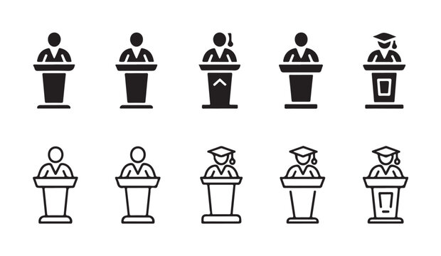 Speaker podium icons set of people giving speech at conference or university graduation.