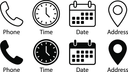 Fototapeta premium Contact Information Icons: Phone Time Date Address Set