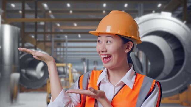 Close Up Of Asian Female Engineer With Safety Helmet Smiling And Pointing To Side While Standing at Heavy Factory with Large Turbine Components