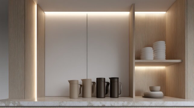 Modern kitchen cabinetry features illuminated shelving and minimalist beverage containers on a stone countertop