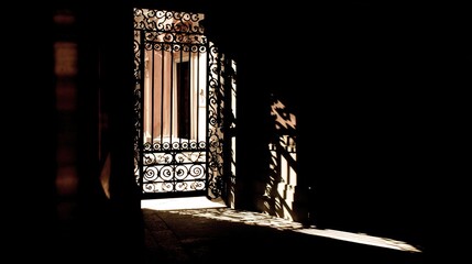 Fototapeta premium ajar. A heavy wrought-iron gate slightly ajar, with harsh light streaming from outside, deep shadows. real-estate listings.