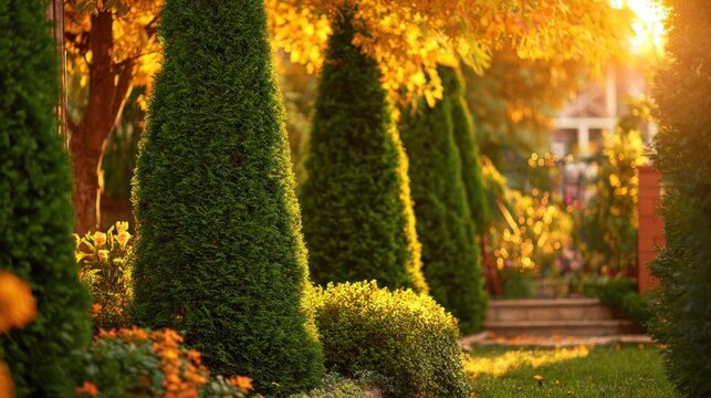 Row of neatly trimmed evergreen shrubs lines a sunlit garden path during golden hour