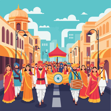 Vibrant Indian street festival with people in traditional attire marching